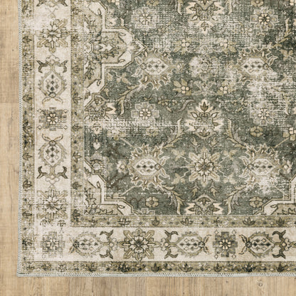 5' X 7' Blue And Beige Oriental Printed Stain Resistant Non Skid Area Rug