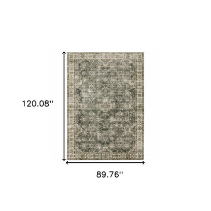 8' X 10' Blue And Beige Oriental Printed Stain Resistant Non Skid Area Rug