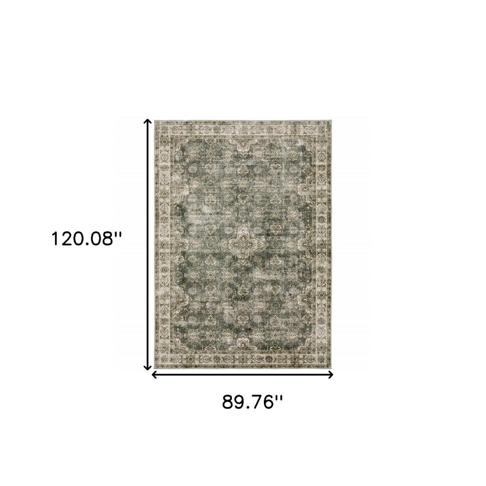 8' X 10' Green And Ivory Oriental Area Rug