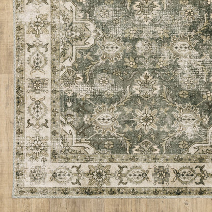 8' X 10' Green And Ivory Oriental Area Rug