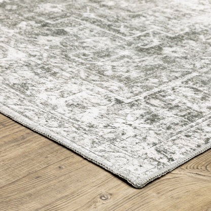 2' X 3' Sage Green Grey Ivory And Silver Oriental Printed Stain Resistant Non Skid Area Rug