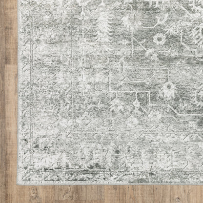 2' X 3' Sage Green Grey Ivory And Silver Oriental Printed Stain Resistant Non Skid Area Rug