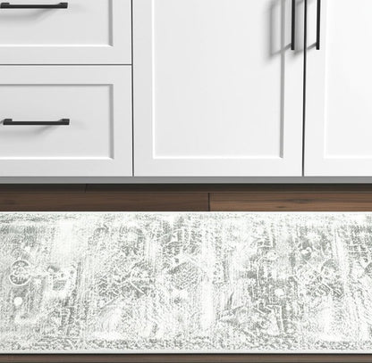 2' X 8' Gray And Ivory Oriental Printed Stain Resistant Non Skid Runner Rug