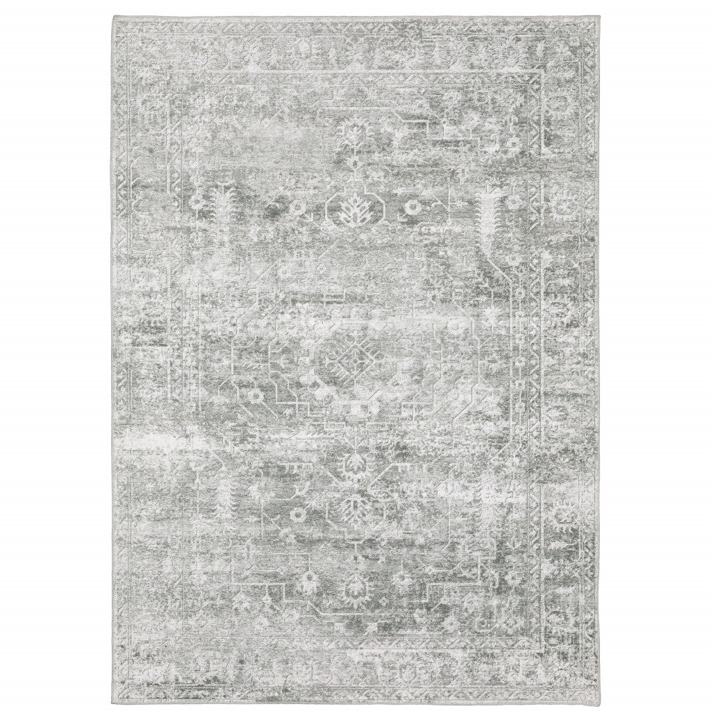 4' X 6' Sage Green Grey Ivory And Silver Oriental Printed Stain Resistant Non Skid Area Rug