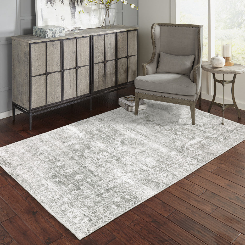 4' X 6' Sage Green Grey Ivory And Silver Oriental Printed Stain Resistant Non Skid Area Rug