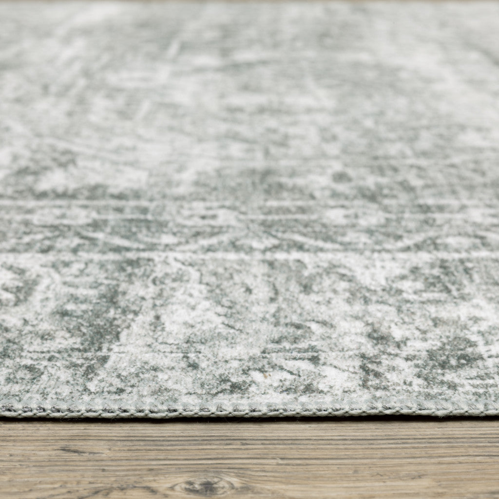 4' X 6' Sage Green Grey Ivory And Silver Oriental Printed Stain Resistant Non Skid Area Rug