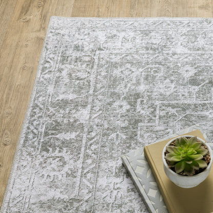 4' X 6' Sage Green Grey Ivory And Silver Oriental Printed Stain Resistant Non Skid Area Rug