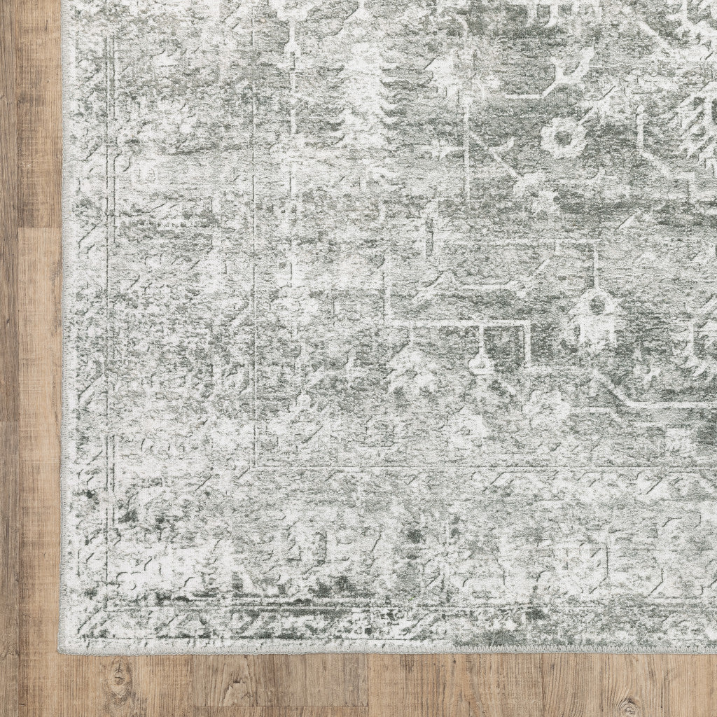 4' X 6' Sage Green Grey Ivory And Silver Oriental Printed Stain Resistant Non Skid Area Rug