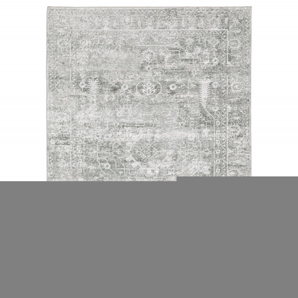 5' X 7' Sage Green Grey Ivory And Silver Oriental Printed Stain Resistant Non Skid Area Rug