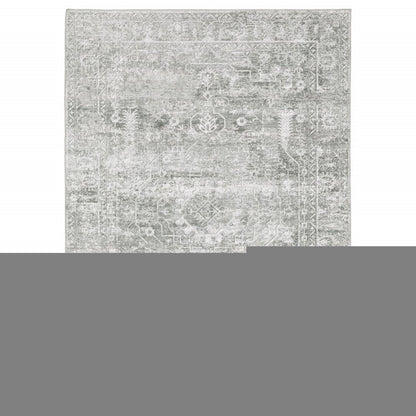 5' X 7' Sage Green Grey Ivory And Silver Oriental Printed Stain Resistant Non Skid Area Rug