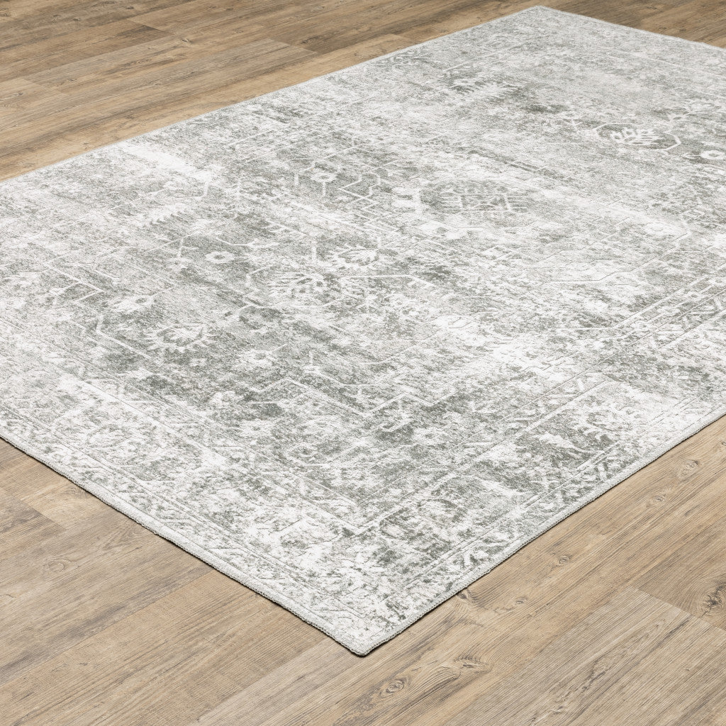 5' X 7' Sage Green Grey Ivory And Silver Oriental Printed Stain Resistant Non Skid Area Rug