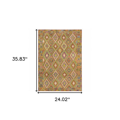 2' X 3' Gold Orange Brown Red Green Purple And Beige Southwestern Printed Stain Resistant Non Skid Area Rug