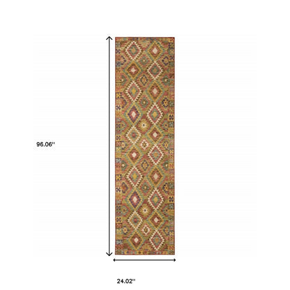 2' X 8' Gold Orange Brown Red Green Purple And Beige Southwestern Printed Stain Resistant Non Skid Runner Rug