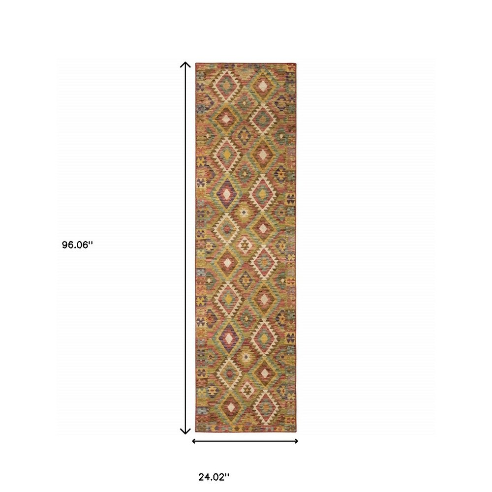 2' X 8' Gold Orange Brown Red Green Purple And Beige Southwestern Printed Stain Resistant Non Skid Runner Rug