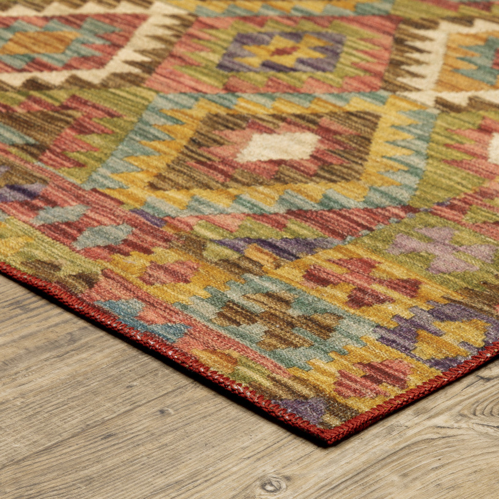 2' X 8' Gold Orange Brown Red Green Purple And Beige Southwestern Printed Stain Resistant Non Skid Runner Rug