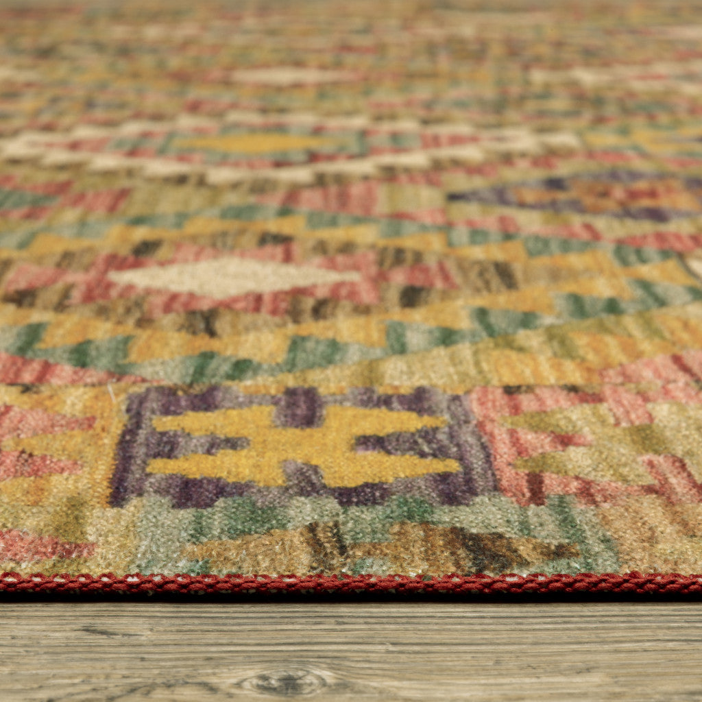 2' X 8' Gold Orange Brown Red Green Purple And Beige Southwestern Printed Stain Resistant Non Skid Runner Rug