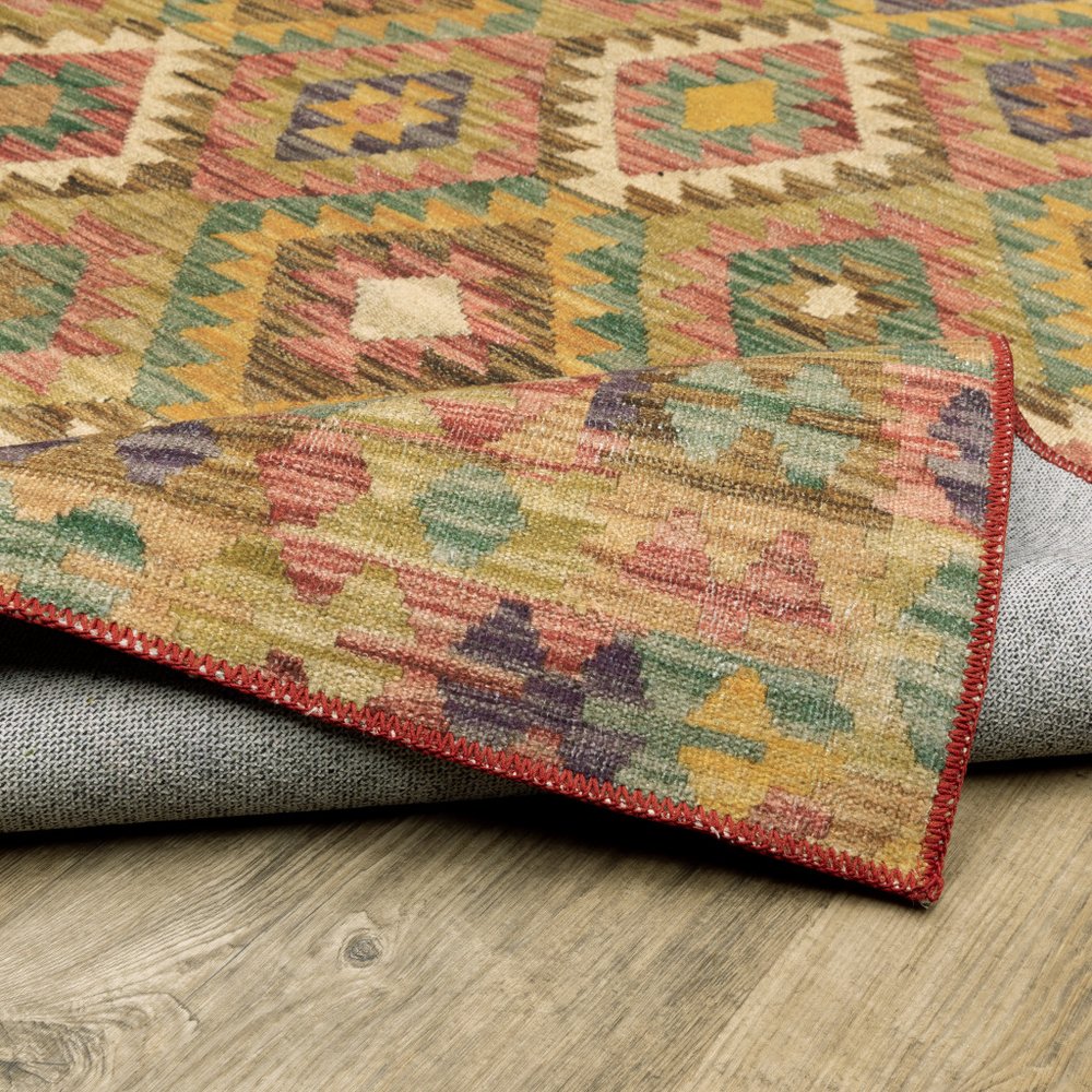 2' X 8' Gold Orange Brown Red Green Purple And Beige Southwestern Printed Stain Resistant Non Skid Runner Rug