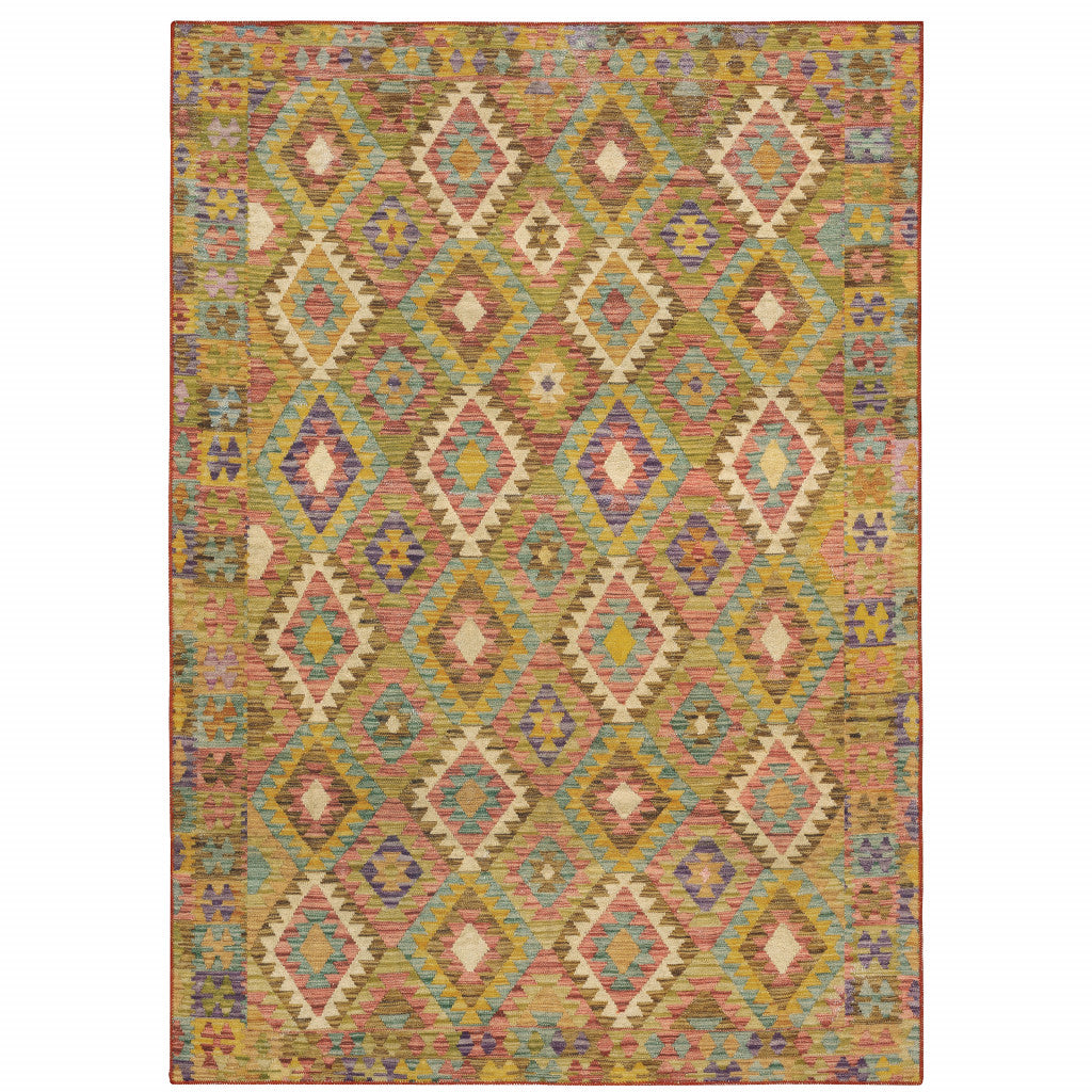 4' X 6' Gold Orange Brown Red Green Purple And Beige Southwestern Printed Stain Resistant Non Skid Area Rug