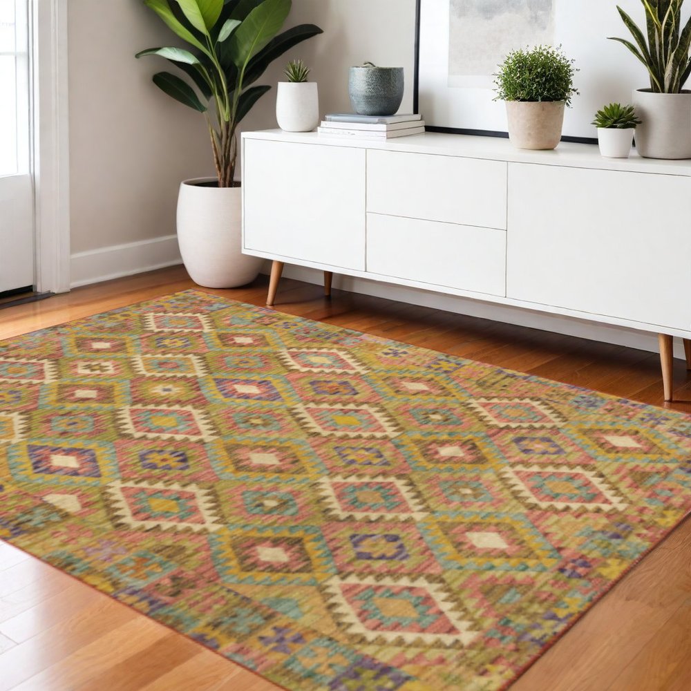 4' X 6' Gold Orange Brown Red Green Purple And Beige Southwestern Printed Stain Resistant Non Skid Area Rug
