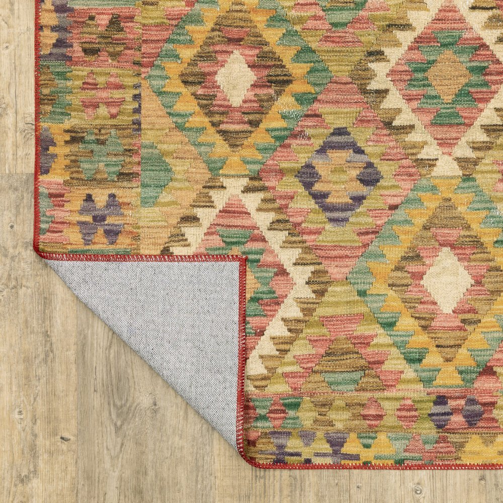 4' X 6' Gold Orange Brown Red Green Purple And Beige Southwestern Printed Stain Resistant Non Skid Area Rug