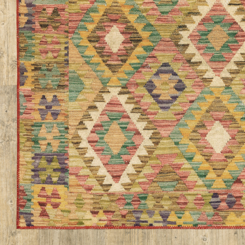 4' X 6' Gold Orange Brown Red Green Purple And Beige Southwestern Printed Stain Resistant Non Skid Area Rug