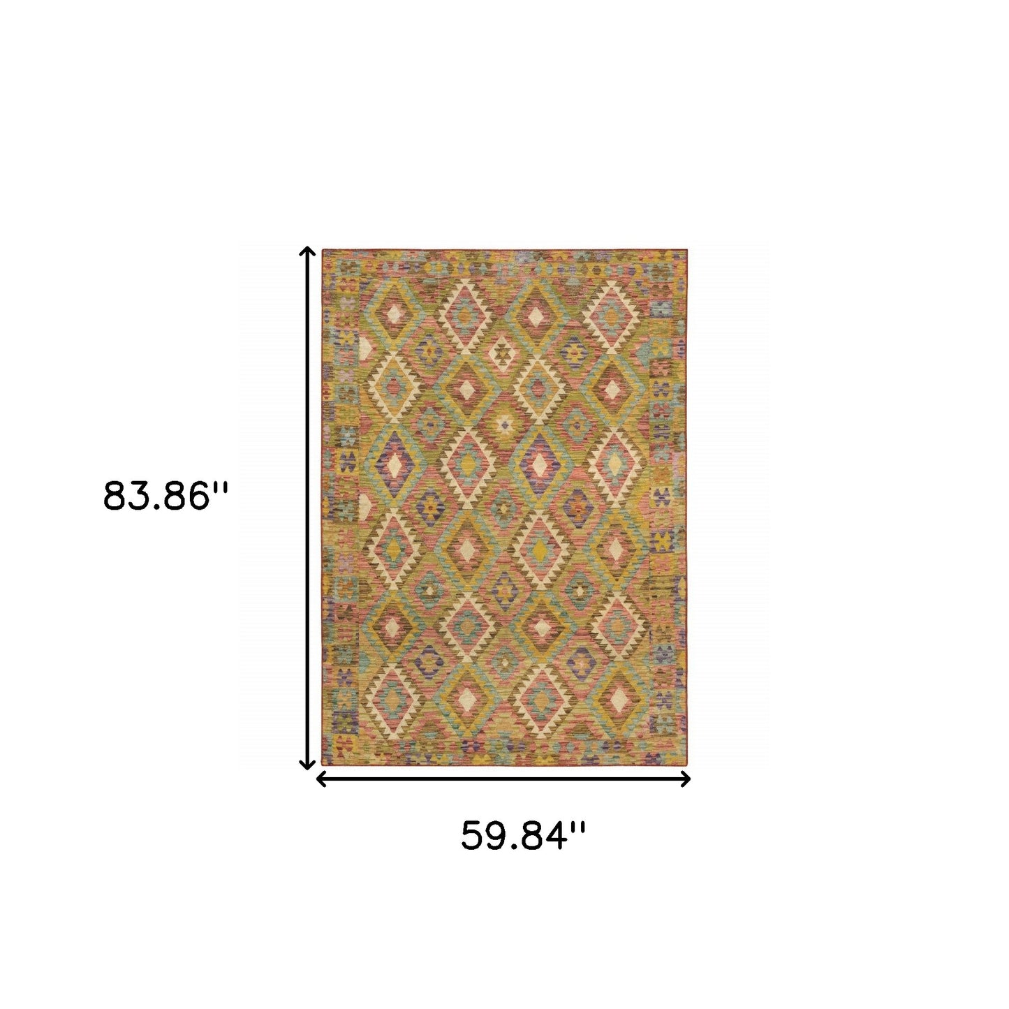 5' X 7' Gold Orange Brown Red Green Purple And Beige Southwestern Printed Stain Resistant Non Skid Area Rug