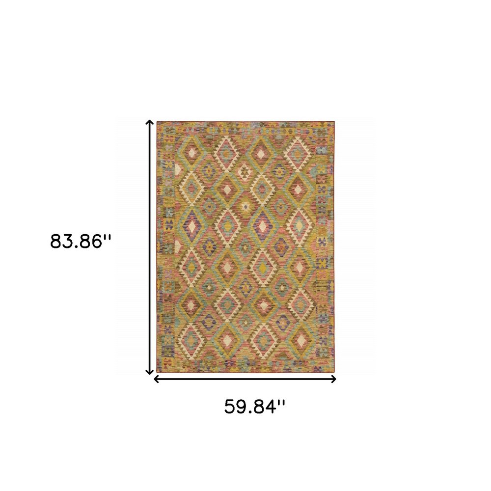 5' X 7' Gold Orange Brown Red Green Purple And Beige Southwestern Printed Stain Resistant Non Skid Area Rug