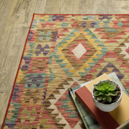 5' X 7' Gold Orange Brown Red Green Purple And Beige Southwestern Printed Stain Resistant Non Skid Area Rug