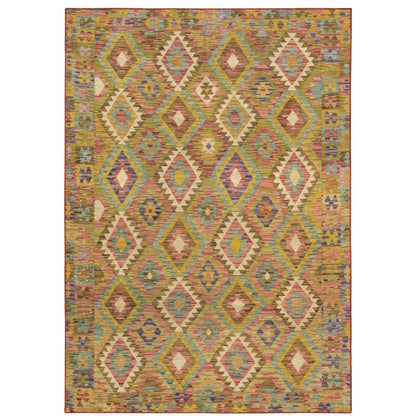 8' X 10' Gold Orange Brown Red Green Purple And Beige Southwestern Printed Stain Resistant Non Skid Area Rug
