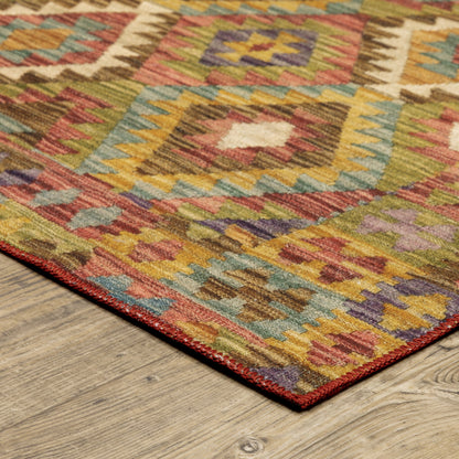 8' X 10' Gold Orange Brown Red Green Purple And Beige Southwestern Printed Stain Resistant Non Skid Area Rug