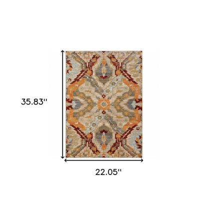 2' X 3' Beige Orange Blue Gold And Grey Abstract Power Loom Stain Resistant Area Rug