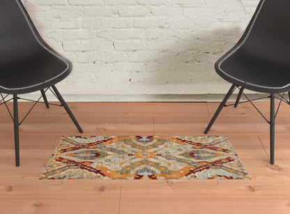 2' X 3' Beige Orange Blue Gold And Grey Abstract Power Loom Stain Resistant Area Rug