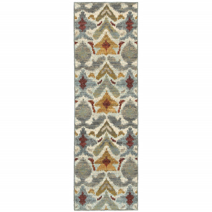 2' X 8' Ivory Grey Rust Gold And Blue Abstract Power Loom Stain Resistant Runner Rug