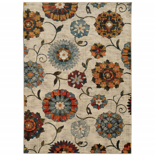 2' X 3' Ivory Blue Gold Green Orange Rust And Teal Floral Power Loom Stain Resistant Area Rug