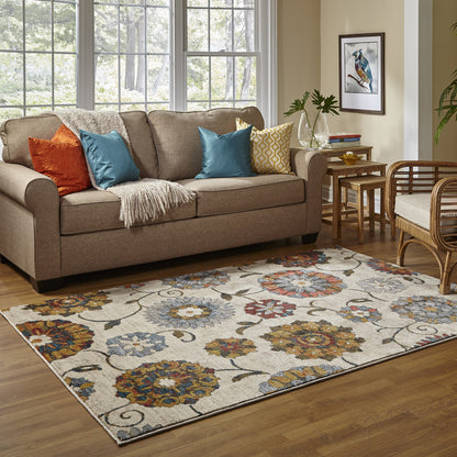 2' X 3' Ivory Blue Gold Green Orange Rust And Teal Floral Power Loom Stain Resistant Area Rug