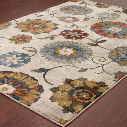 2' X 3' Ivory Blue Gold Green Orange Rust And Teal Floral Power Loom Stain Resistant Area Rug