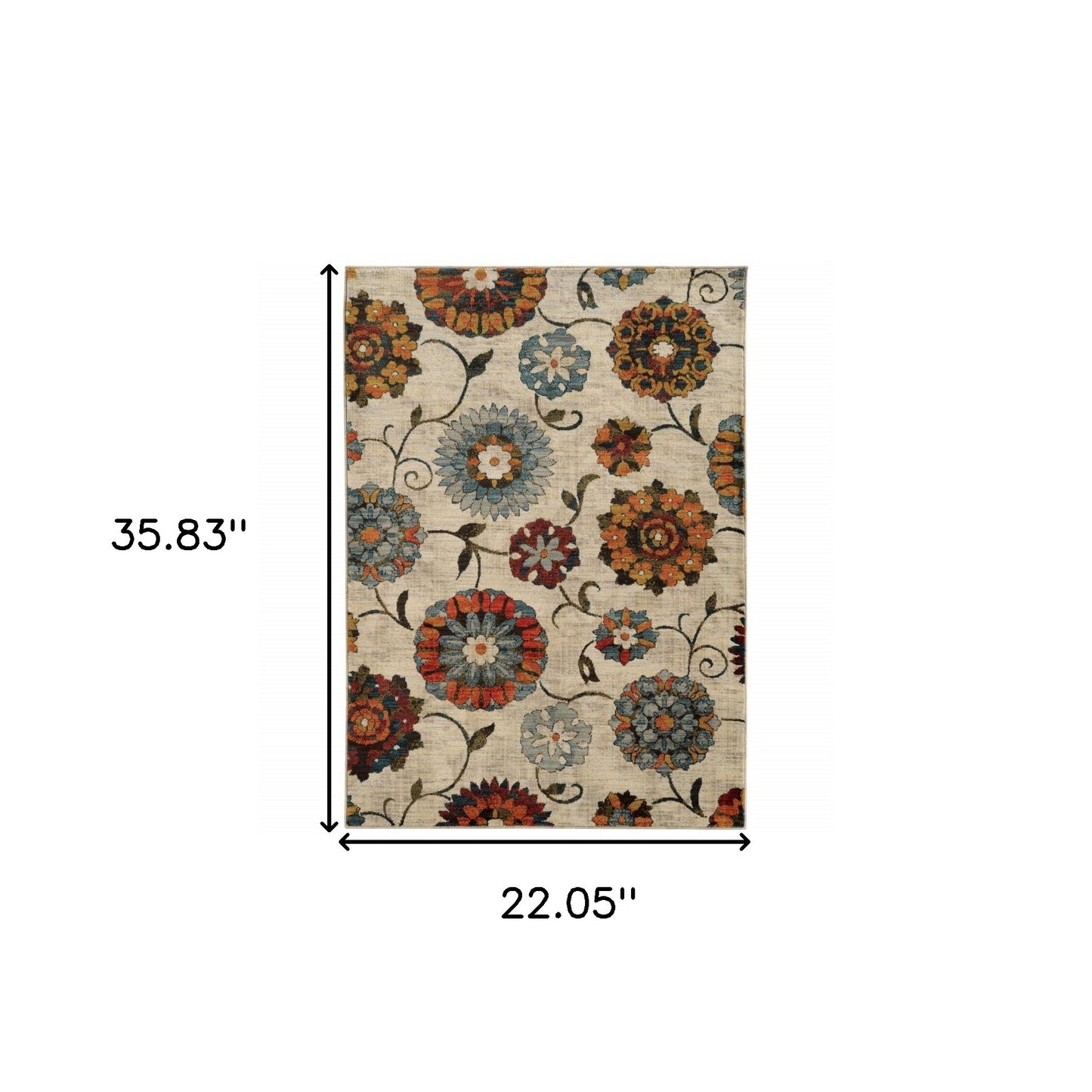 2' X 3' Ivory Blue Gold Green Orange Rust And Teal Floral Power Loom Stain Resistant Area Rug