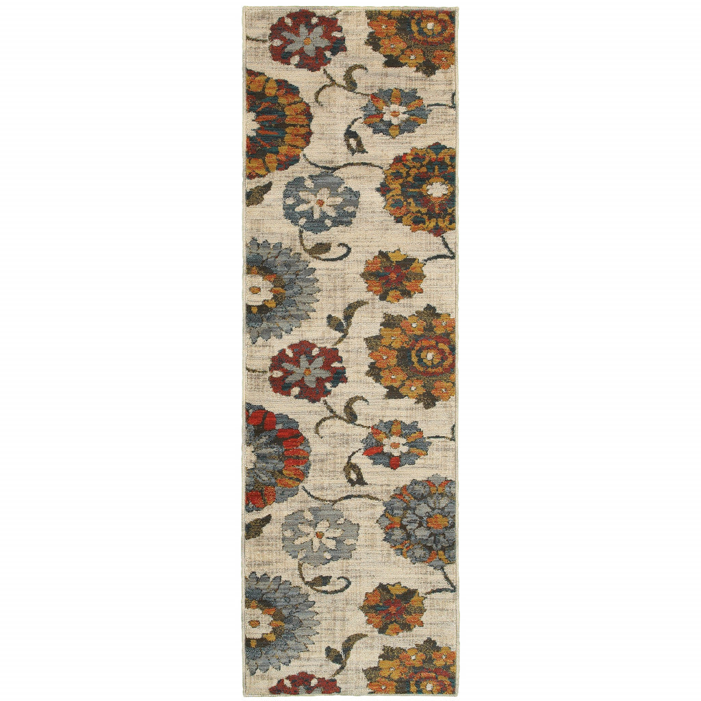 2' X 8' Orange And Ivory Floral Power Loom Runner Rug