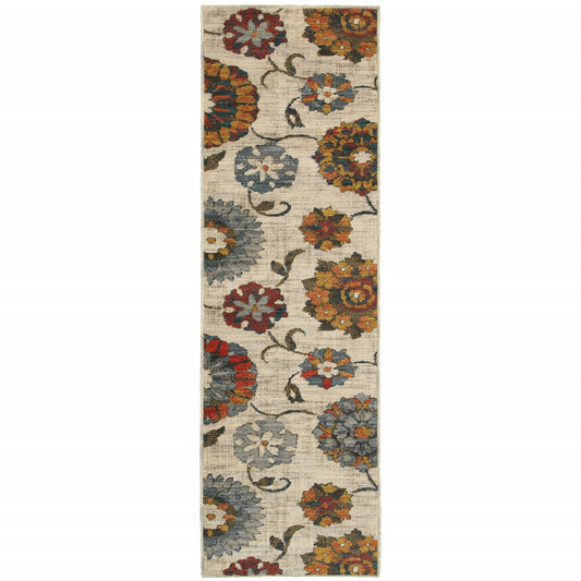 2' X 8' Orange And Ivory Floral Power Loom Runner Rug