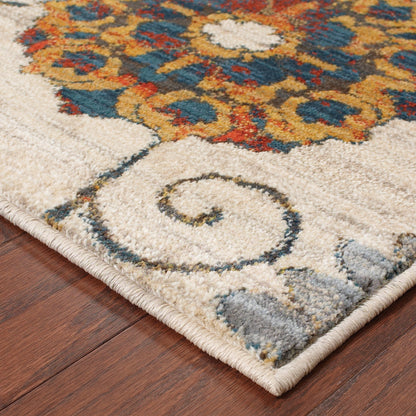 8' X 11' Ivory Blue Gold Green Orange Rust And Teal Floral Power Loom Stain Resistant Area Rug