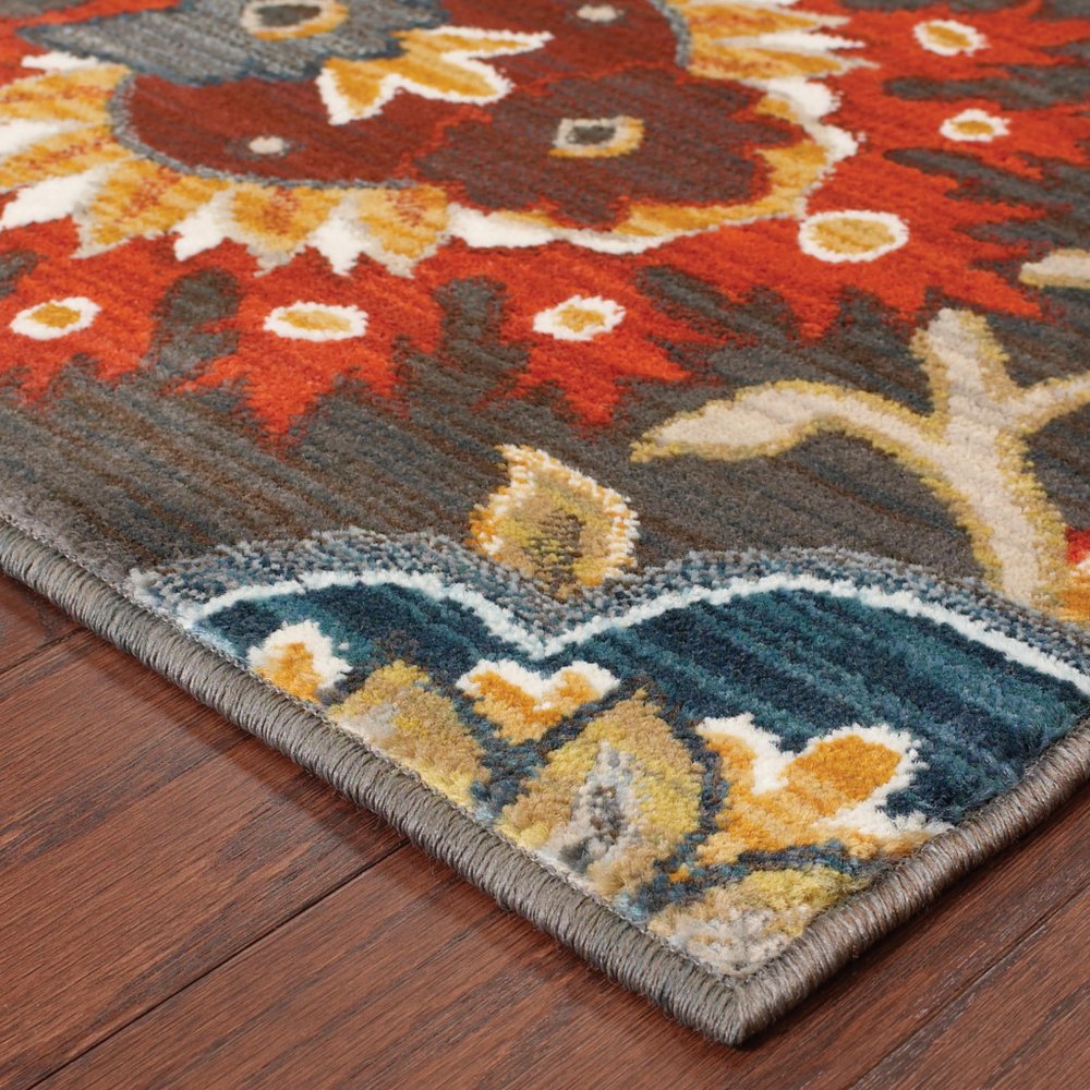 10' X 13' Brown Grey Rust Red Gold Teal And Blue Green Floral Power Loom Stain Resistant Area Rug