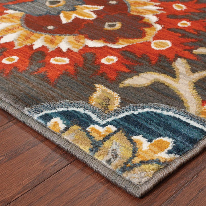 10' X 13' Brown Grey Rust Red Gold Teal And Blue Green Floral Power Loom Stain Resistant Area Rug