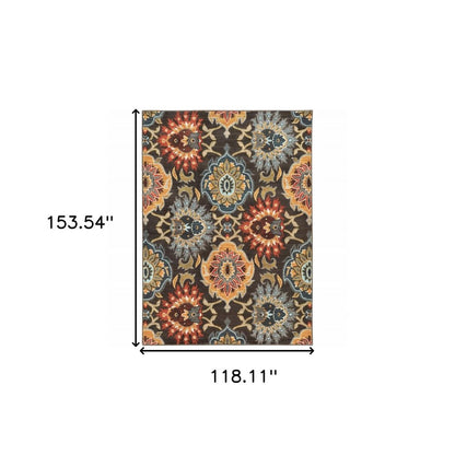 10' X 13' Brown Grey Rust Red Gold Teal And Blue Green Floral Power Loom Stain Resistant Area Rug