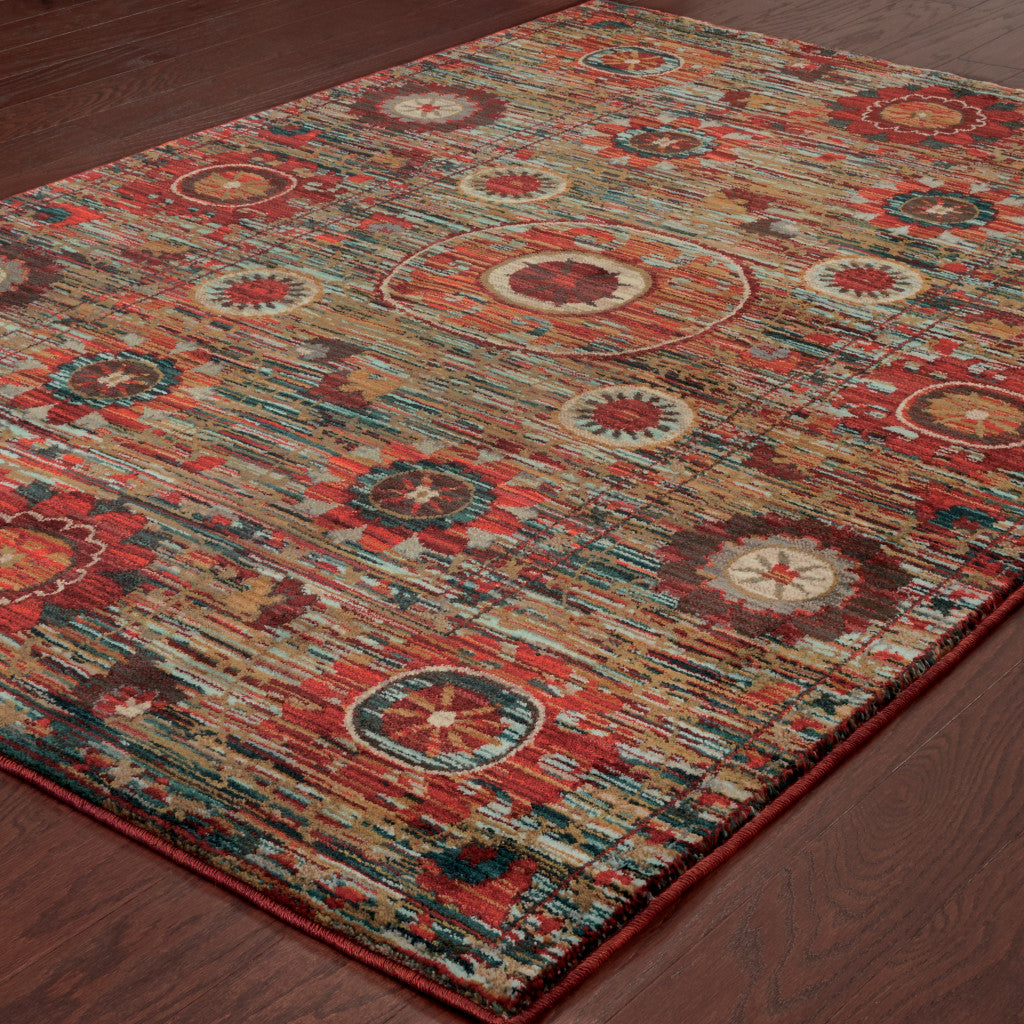 2' X 3' Red Gold Orange Green Ivory Rust And Blue Floral Power Loom Stain Resistant Area Rug