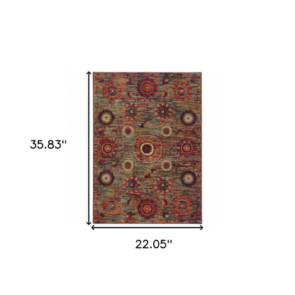 2' X 3' Red Gold Orange Green Ivory Rust And Blue Floral Power Loom Stain Resistant Area Rug