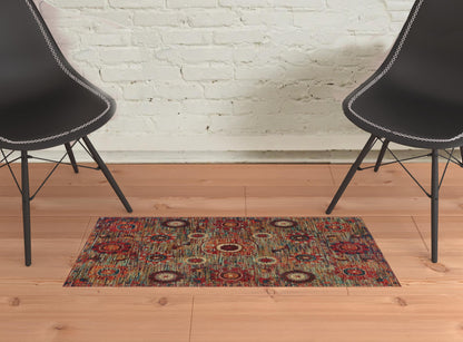 2' X 3' Red Gold Orange Green Ivory Rust And Blue Floral Power Loom Stain Resistant Area Rug