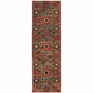 2' X 8' Red Gold Orange Green Ivory Rust And Blue Floral Power Loom Stain Resistant Runner Rug