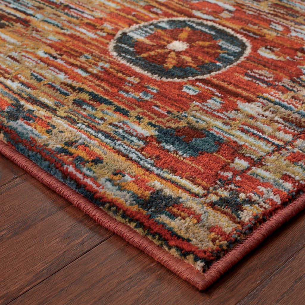 2' X 8' Red Gold Orange Green Ivory Rust And Blue Floral Power Loom Stain Resistant Runner Rug