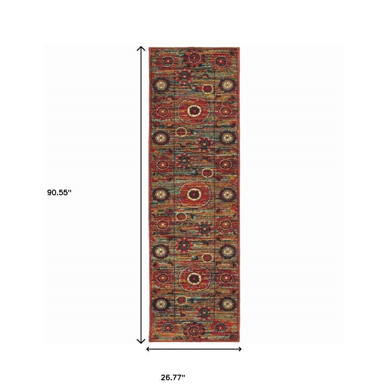 2' X 8' Red Gold Orange Green Ivory Rust And Blue Floral Power Loom Stain Resistant Runner Rug