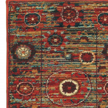 2' X 8' Red Gold Orange Green Ivory Rust And Blue Floral Power Loom Stain Resistant Runner Rug